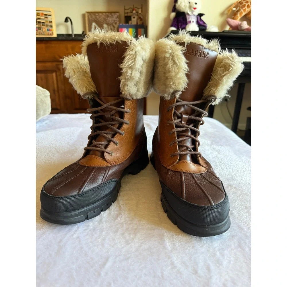 Lauren Ralph Lauren Quinta Shearling Duck Boots Womens 8.5B Tan Brown Leather